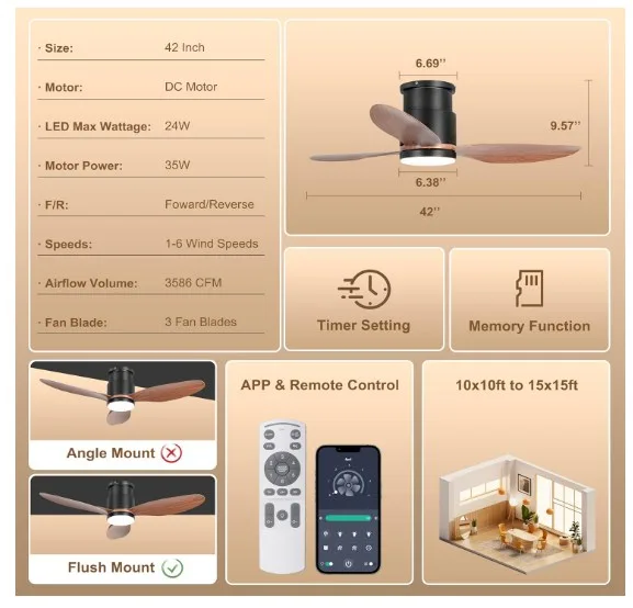 Ceiling fan with lights 42" 3 blades (WALNUT) image indicator(7)