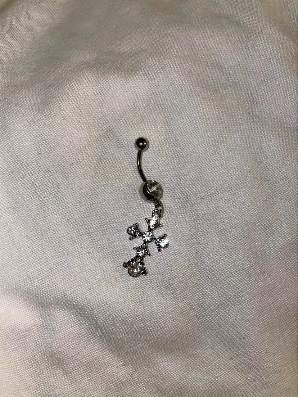 Silver cross studded belly button piercing ring thumbnail