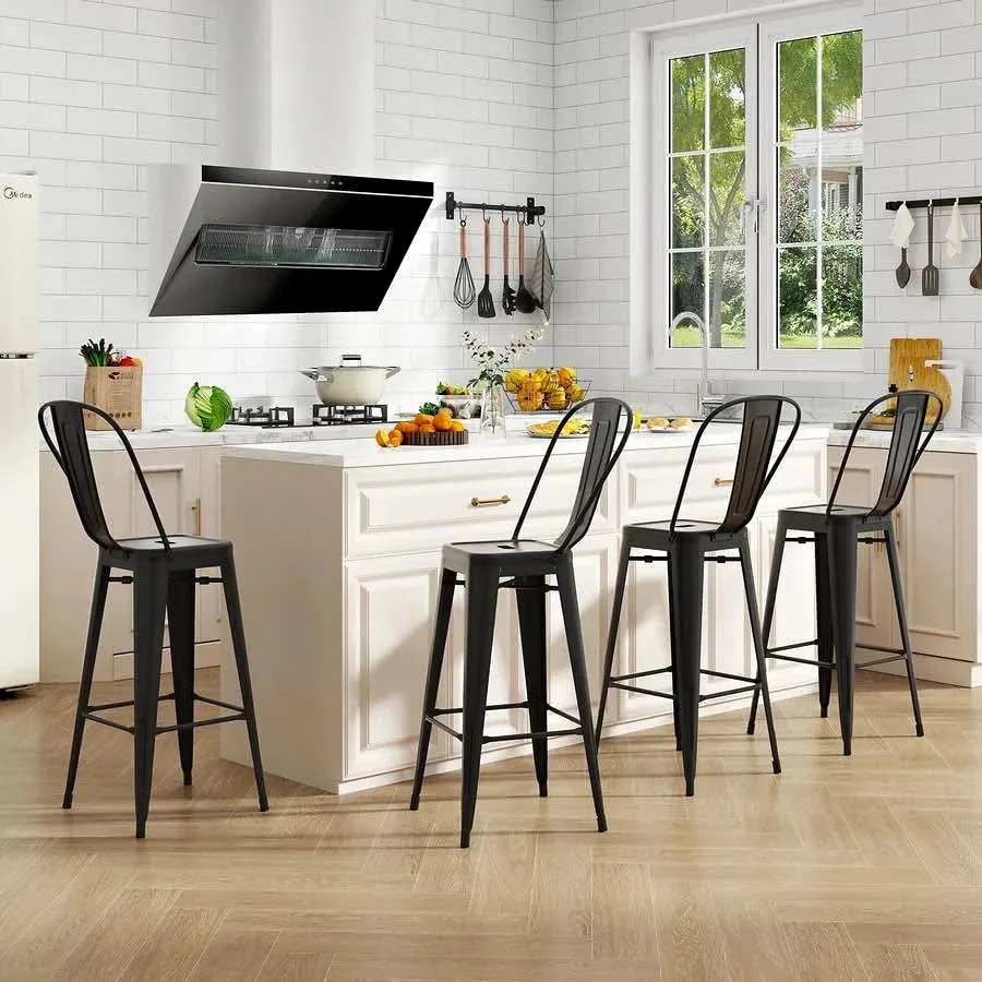 Metal Bar Stools Set of 4, 30" High Back Chairs #2409 thumbnail