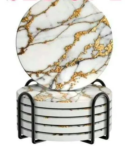 Brand New Coasters - 6 White and Gold w/ Holder