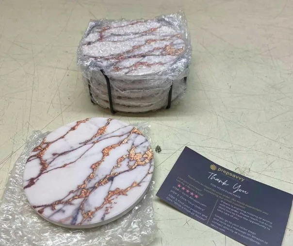 Brand New Coasters - 6 White and Gold w/ Holder image indicator(2)