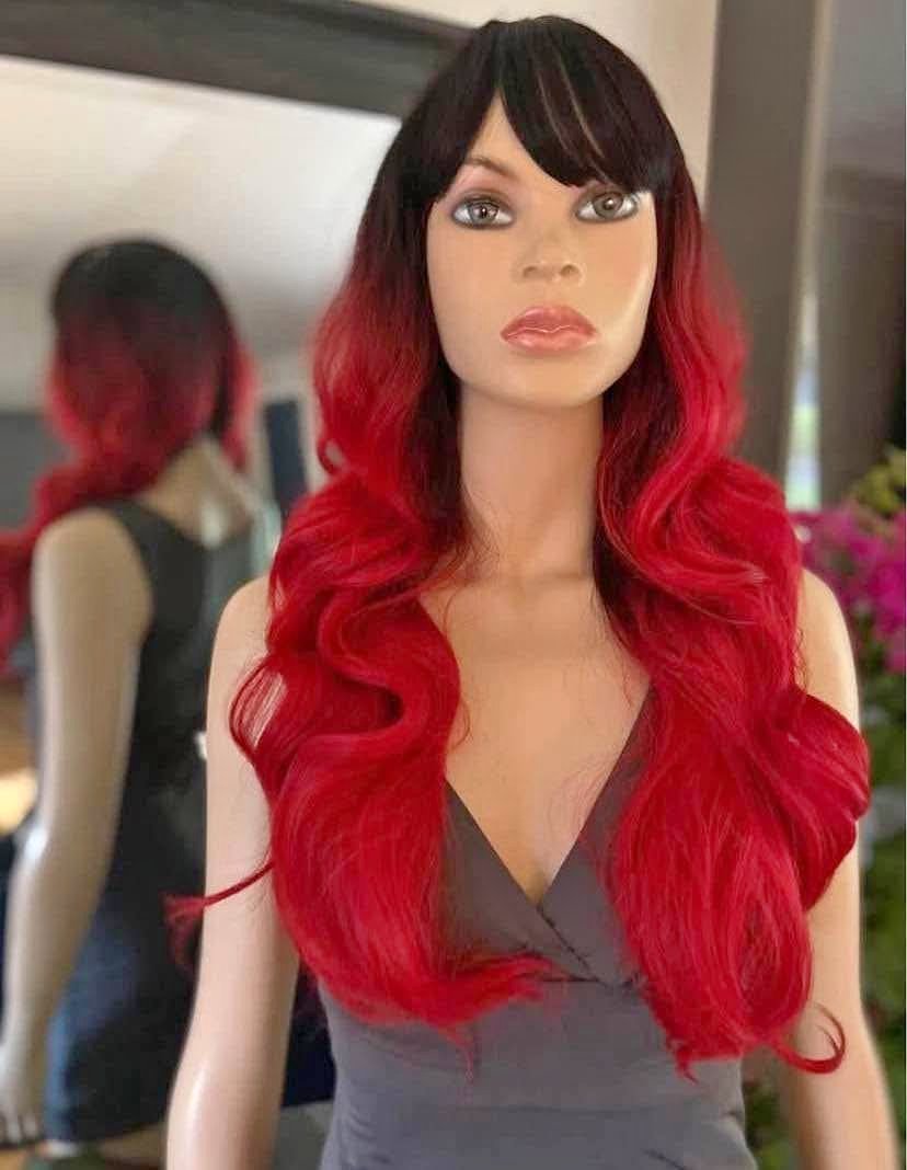 Bright Red Black Ombré Long Wavy/Curly Synthetic Wig