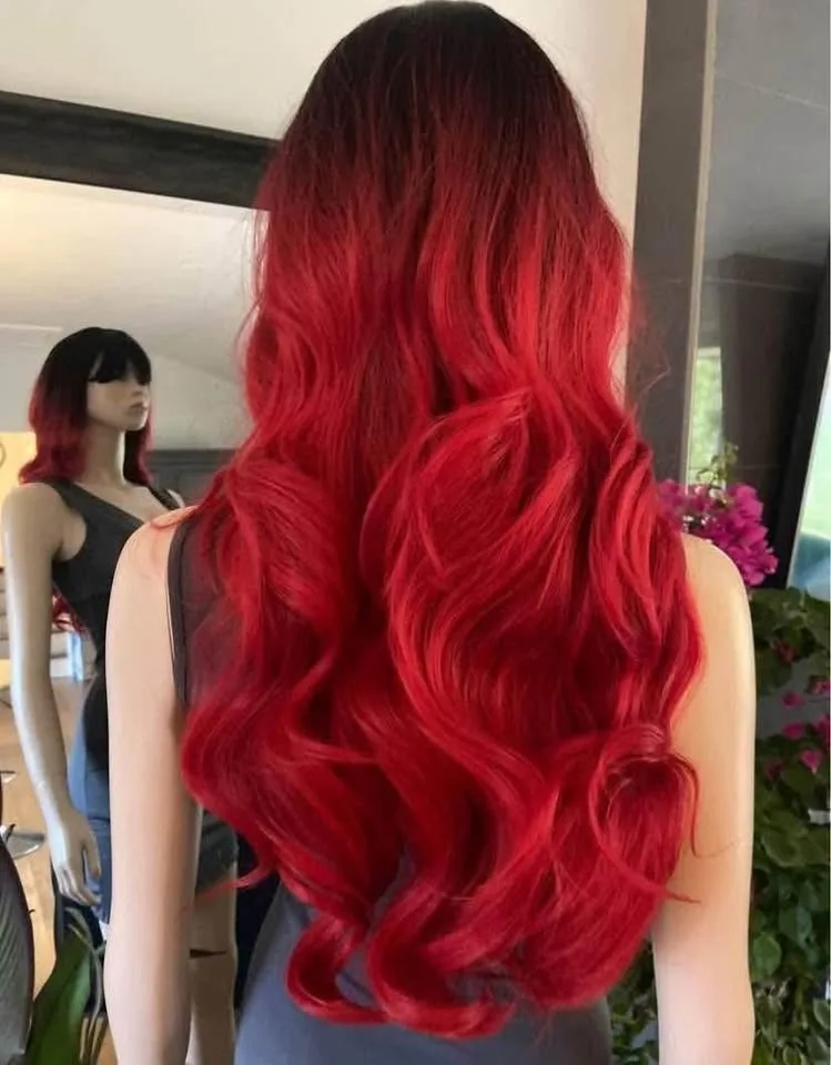 Bright Red Black Ombré Long Wavy/Curly Synthetic Wig image indicator(2)