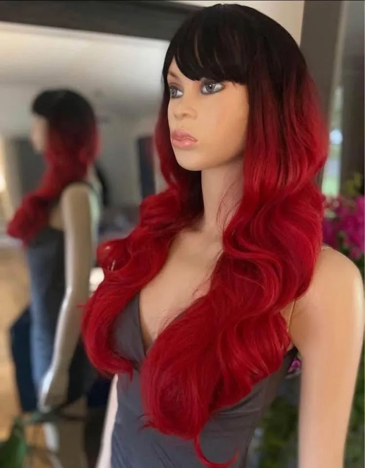 Bright Red Black Ombré Long Wavy/Curly Synthetic Wig image indicator(3)