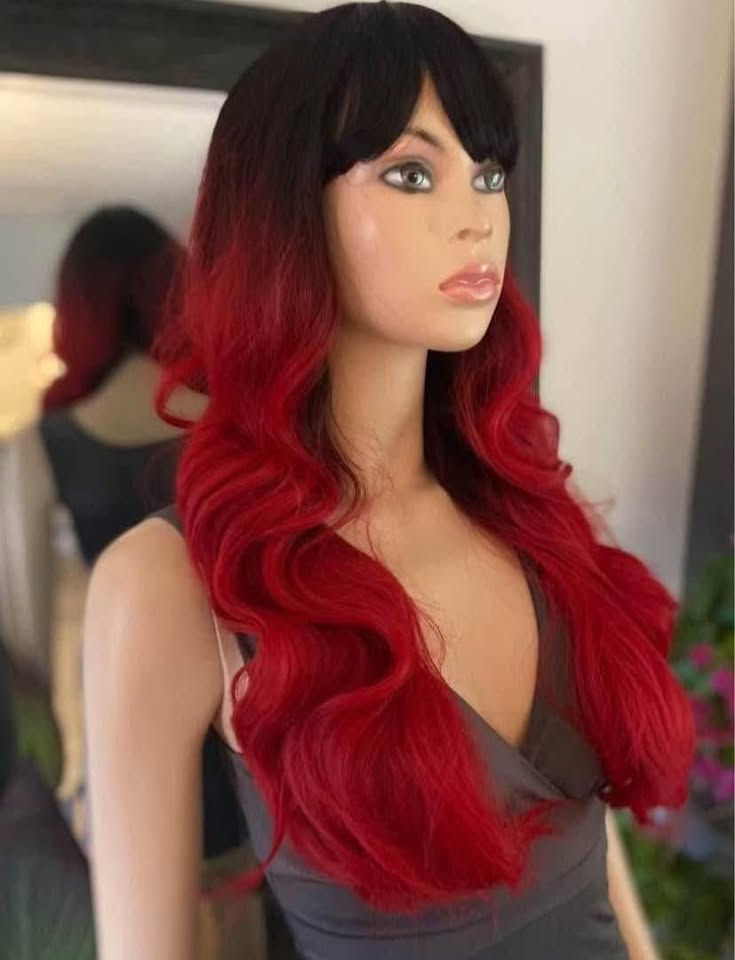 Bright Red Black Ombré Long Wavy/Curly Synthetic Wig - photo 4