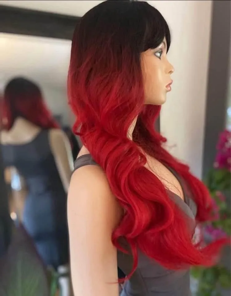 Bright Red Black Ombré Long Wavy/Curly Synthetic Wig image indicator(5)