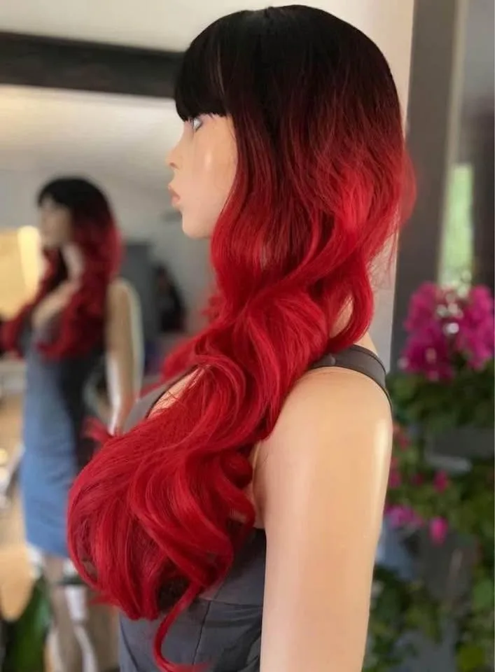Bright Red Black Ombré Long Wavy/Curly Synthetic Wig image indicator(6)