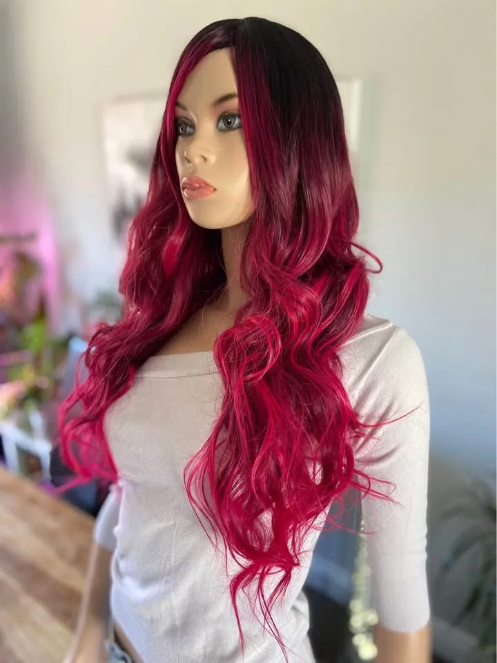 NEW: 28” Long Wavy Curly Hot Pink Ombré Wig w/ Bangs image indicator(3)