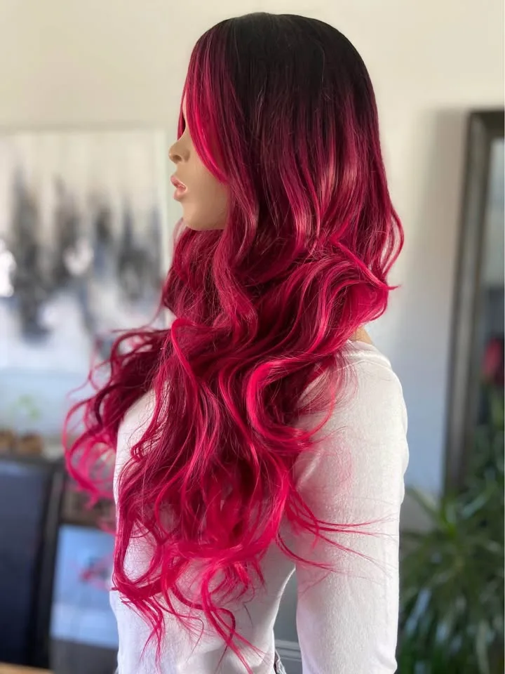 NEW: 28” Long Wavy Curly Hot Pink Ombré Wig w/ Bangs image indicator(5)