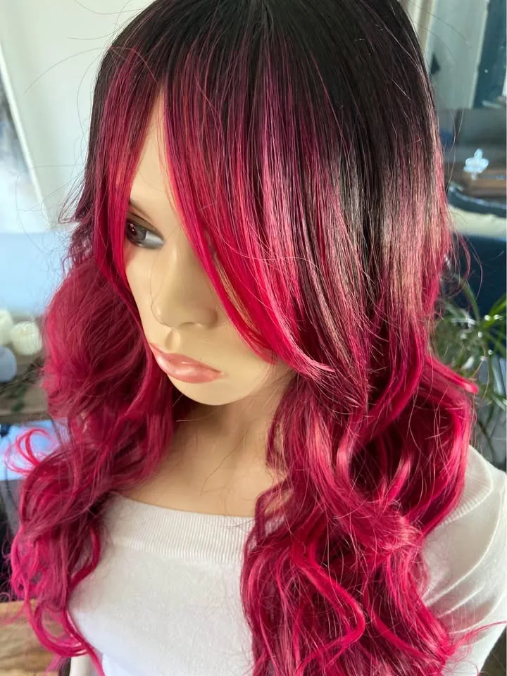 NEW: 28” Long Wavy Curly Hot Pink Ombré Wig w/ Bangs image indicator(6)