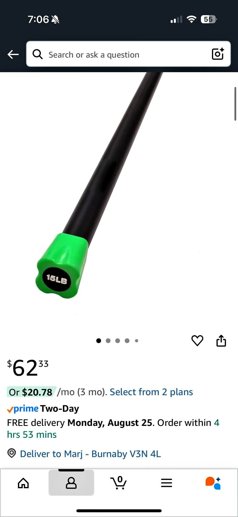 Steel Weighted Bar w/Padded Foam, 15 Pounds thumbnail