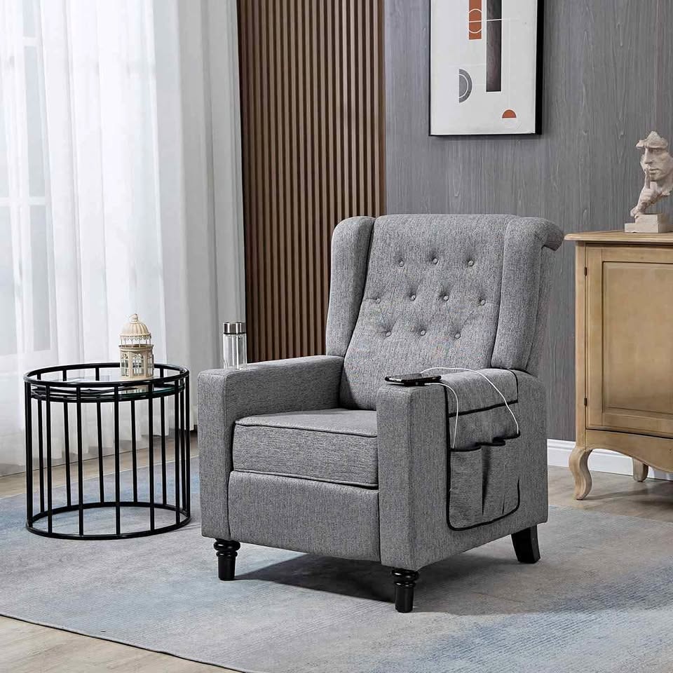 Recliner chair with armrests, modern tufted wingback