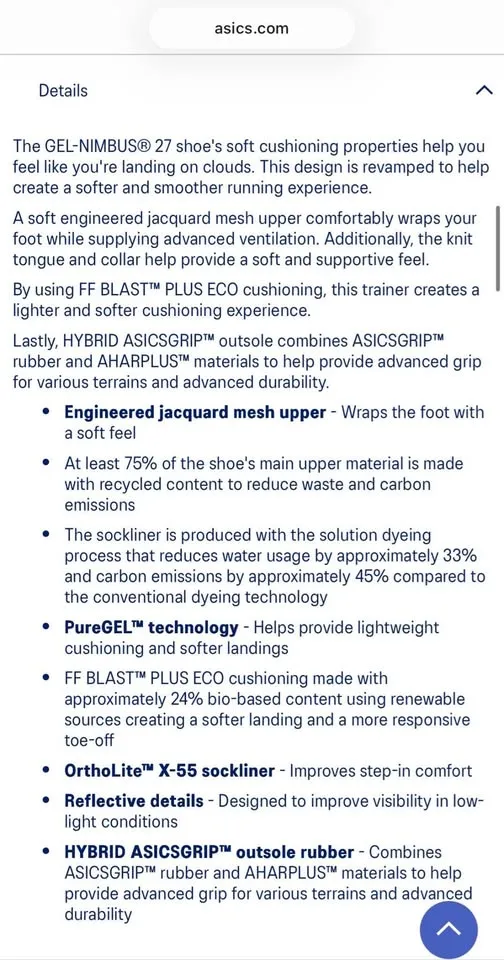 Men’s Asics Gel-Nimbus 27 Black / Lake Grey (US 9, Euro 42.5) image indicator(10)