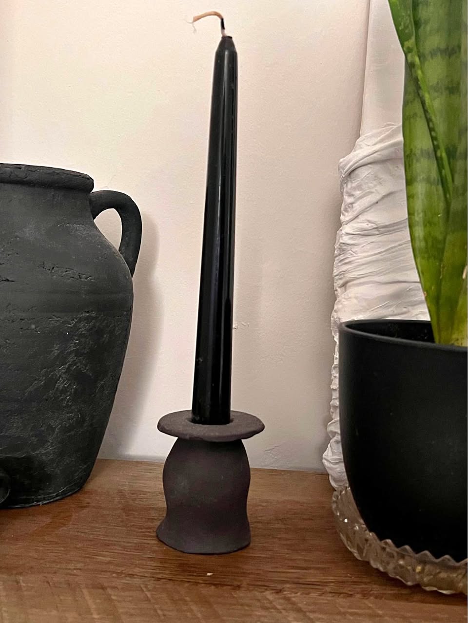 Black pottery handmade candle holder