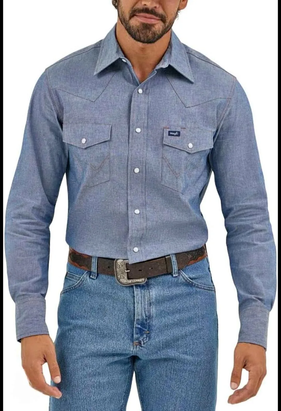 Brand New Wrangler Blue Chambray Western Shirt Mens Medium