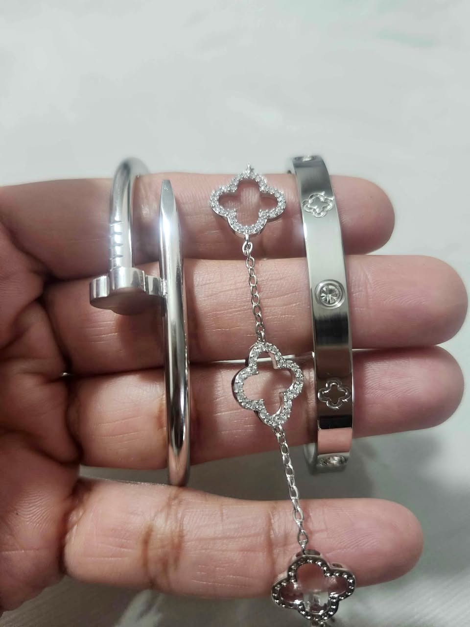 🤍 3pcs Stainless Steel Silver Nail & Clover Bracelet Set 🤍