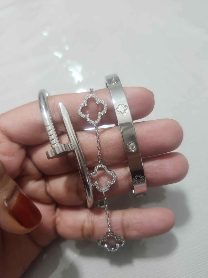 🤍 3pcs Stainless Steel Silver Nail & Clover Bracelet Set 🤍 - photo 2