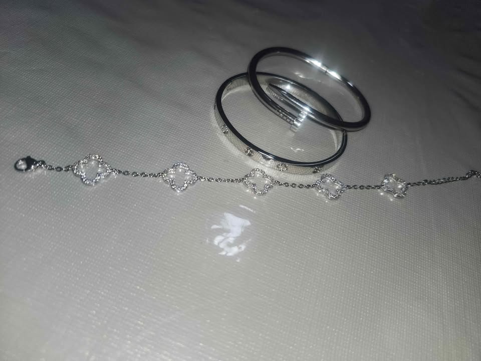 🤍 3pcs Stainless Steel Silver Nail & Clover Bracelet Set 🤍 - photo 3