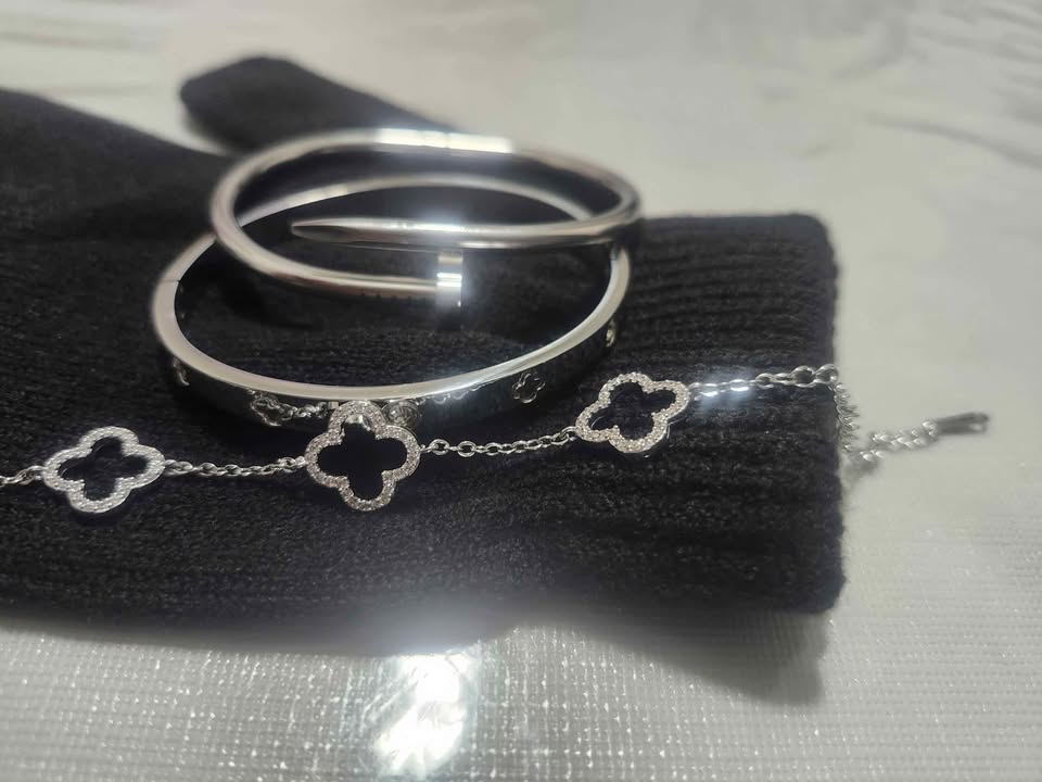 🤍 3pcs Stainless Steel Silver Nail & Clover Bracelet Set 🤍 - photo 5