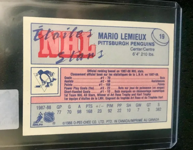 1988-89 O-Pee-Chee Mini Hockey Card Mario Lemieux #19 Pittsburgh image indicator(2)