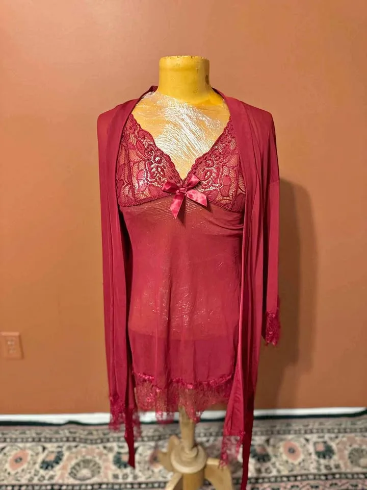 Brand New Burgundy Lace Nightgown Set – Size M thumbnail