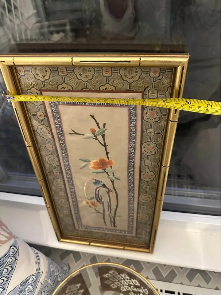 VINTAGE Chinese Silk Embroidery Framed Art.9.75x 18” image indicator(3)