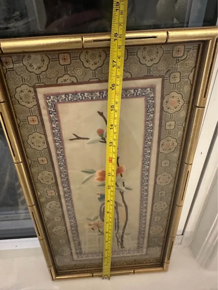 VINTAGE Chinese Silk Embroidery Framed Art.9.75x 18” image indicator(4)