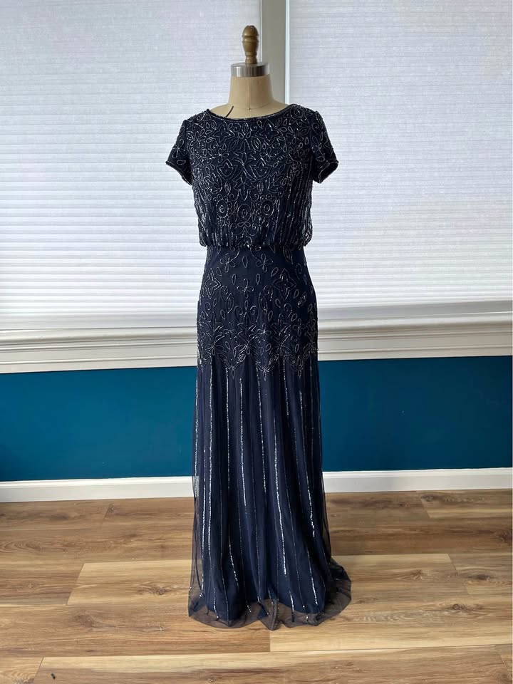 Navy blue, short sleeve beaded dress.