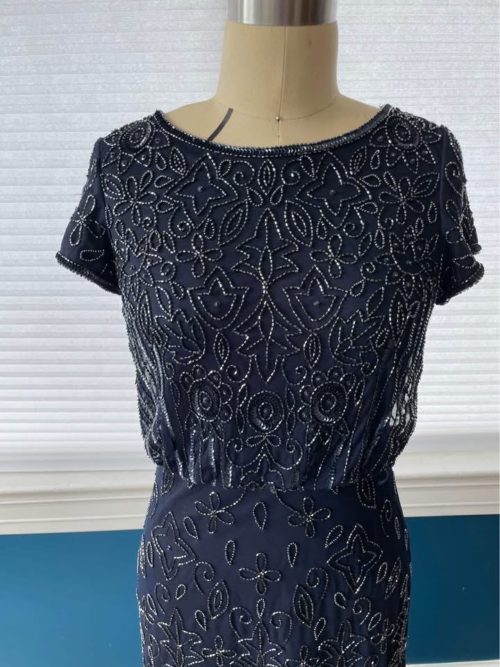 Navy blue, short sleeve beaded dress. - photo 4