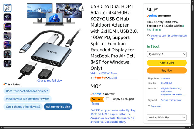 USB C to Dual HDMI Adapter 4K@30Hz, KOZYC USB C Hub
