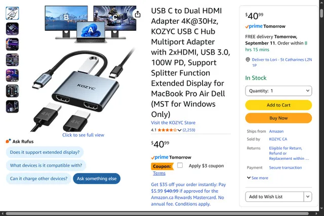 USB C to Dual HDMI Adapter 4K@30Hz, KOZYC USB C Hub thumbnail