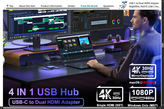 USB C to Dual HDMI Adapter 4K@30Hz, KOZYC USB C Hub - photo 2