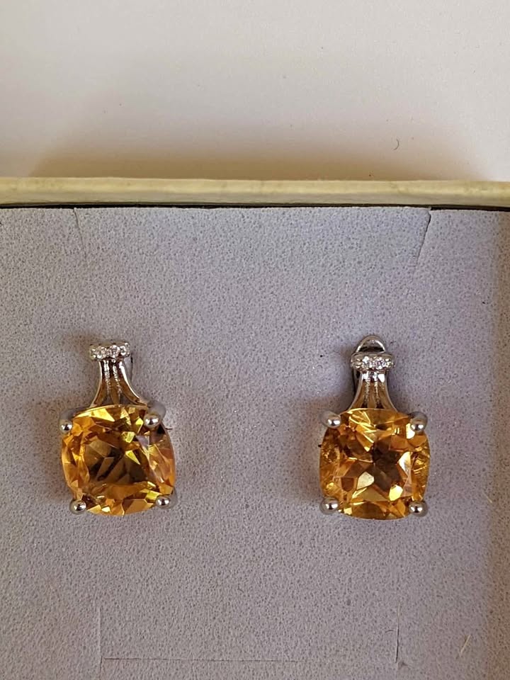 925 Sterling Silver Citrine Earrings 9mm Stamped Cushion