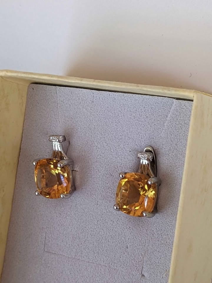 925 Sterling Silver Citrine Earrings 9mm Stamped Cushion - photo 2