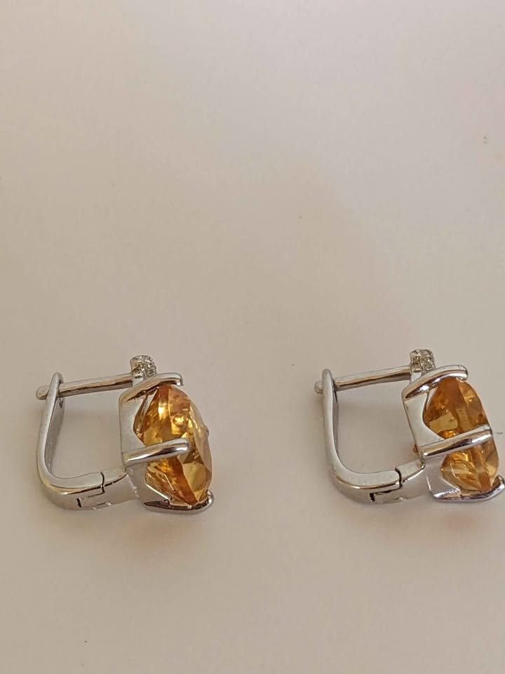 925 Sterling Silver Citrine Earrings 9mm Stamped Cushion - photo 4