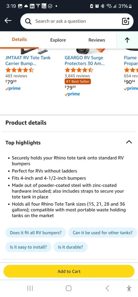 Camco Rhino Bumper Mount RV Tote Tank Carrier image indicator(3)