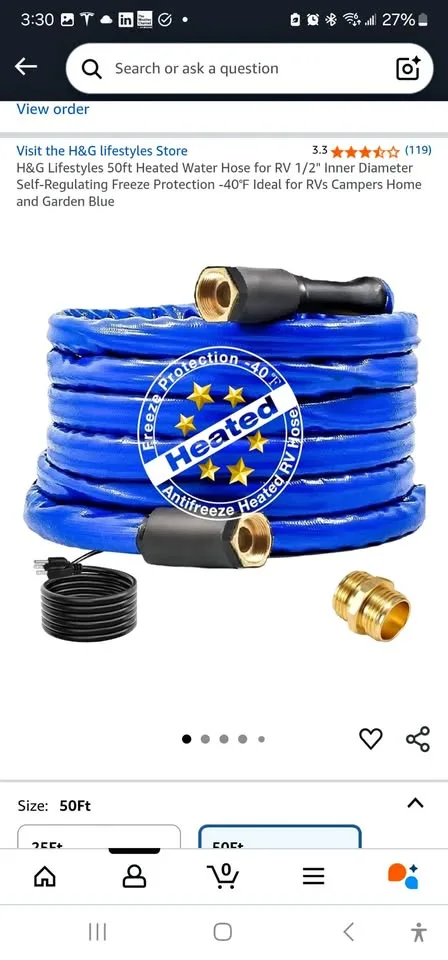 H&G Lifestyles 50ft Heated Water Hose for RV