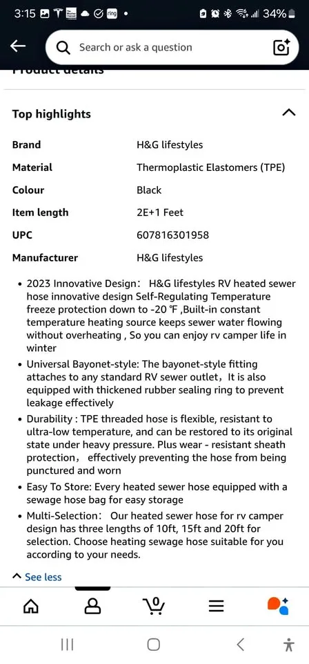 H&G lifestyles 20ft RV Heated Sewer Hose Avoid Freezing at -20°F