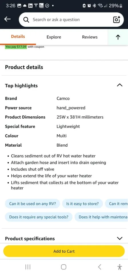 Camco 11691 RV Water Heater Tank Rinser image indicator(2)