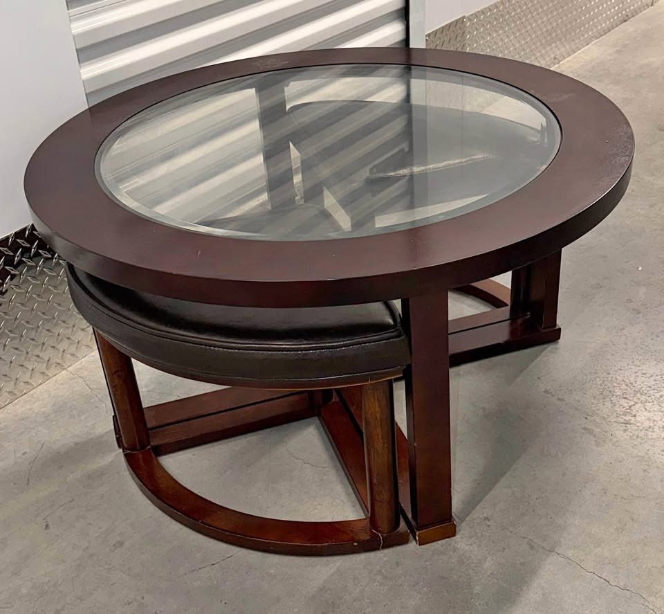 Round Glass Coffee Table with 2 Nesting Stools