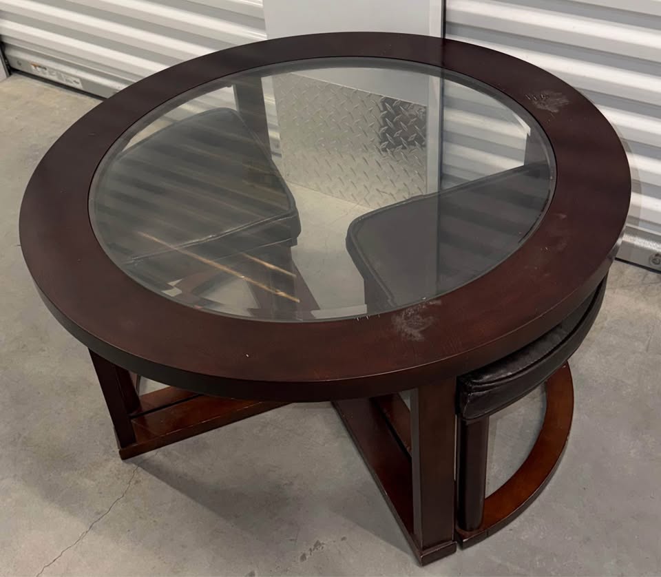 Round Glass Coffee Table with 2 Nesting Stools - photo 3