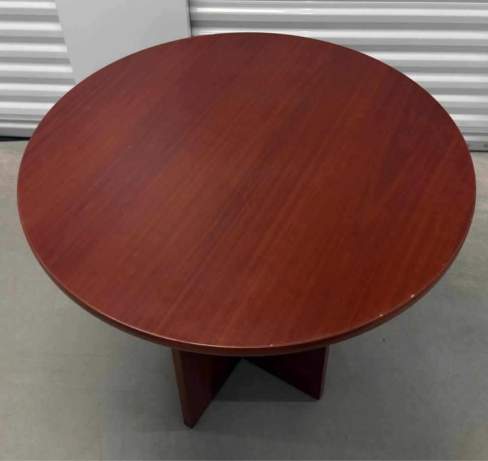 Cherry Round Dining Table with 4 Black Leather Chairs - photo 2