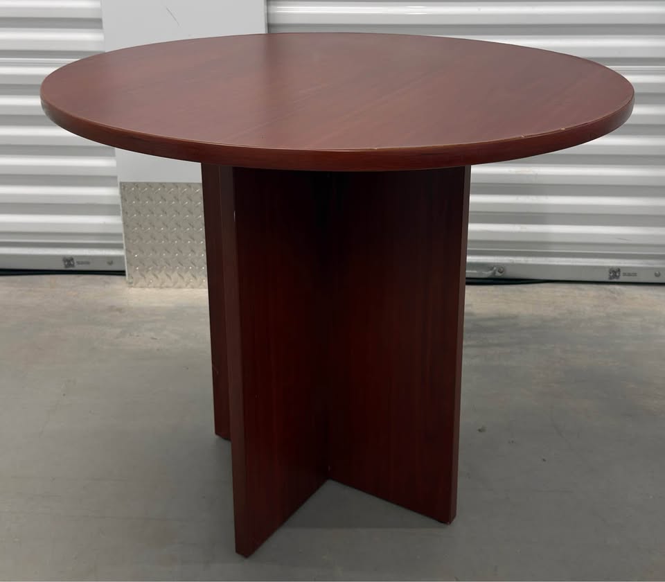 Cherry Round Dining Table with 4 Black Leather Chairs - photo 4