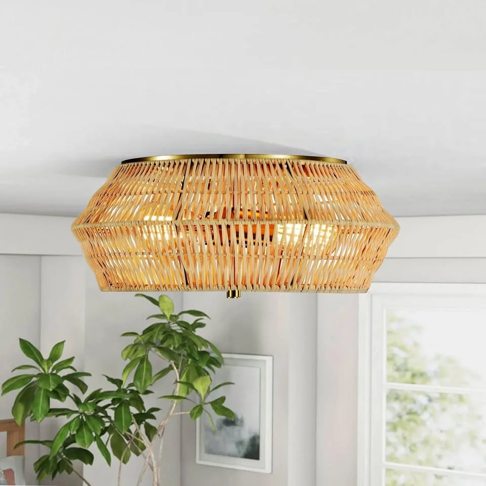 🌿 Boho Chic Rattan Ceiling Light – 2-Light Flush Mount 🌿 thumbnail
