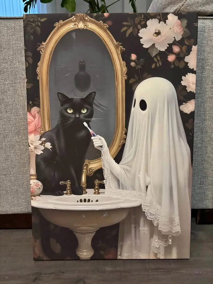 Black Cat and Ghost Bathroom Canvas Wall Art-Ready To Hang thumbnail