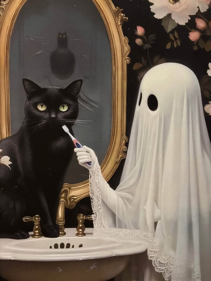 Black Cat and Ghost Bathroom Canvas Wall Art-Ready To Hang - photo 3