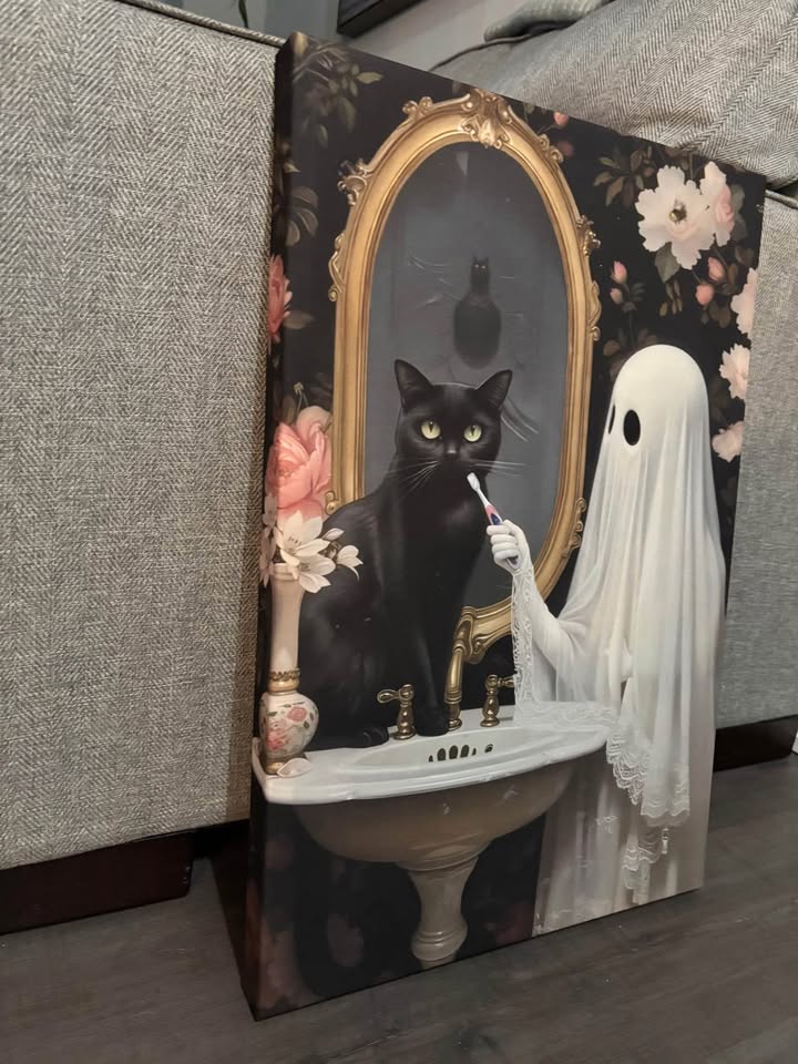 Black Cat and Ghost Bathroom Canvas Wall Art-Ready To Hang - photo 4