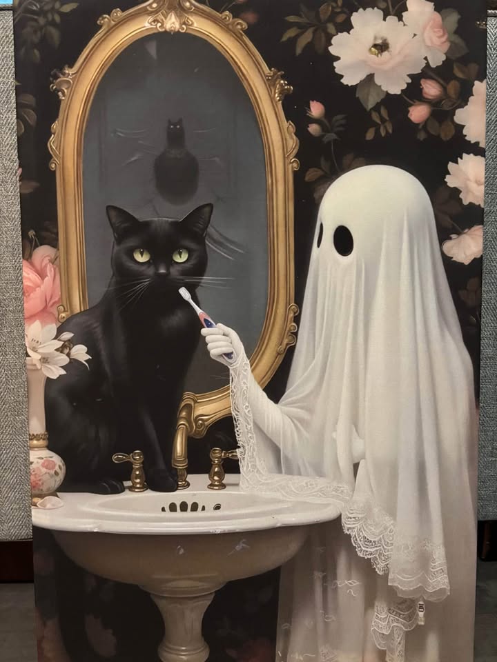Black Cat and Ghost Bathroom Canvas Wall Art-Ready To Hang - photo 5
