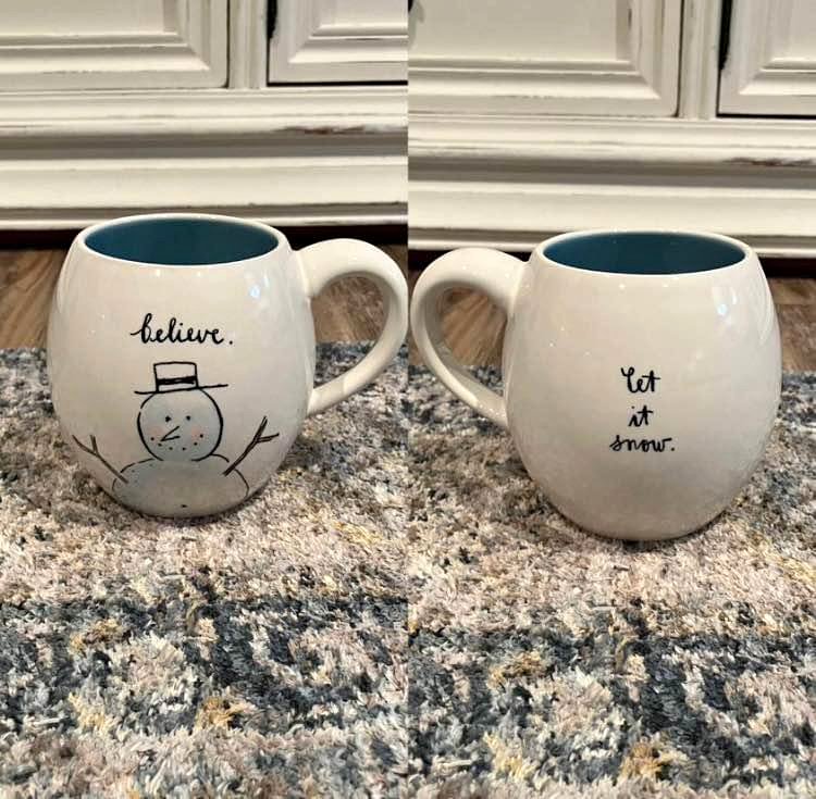 Rae Dunn Christmas Snowman Believe double sided mug