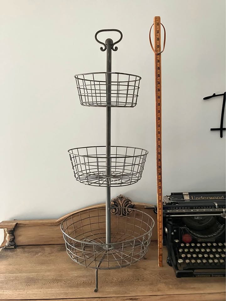 Farmhouse Kitchen Weathered Tin 3-Tier Wire Basket Stand